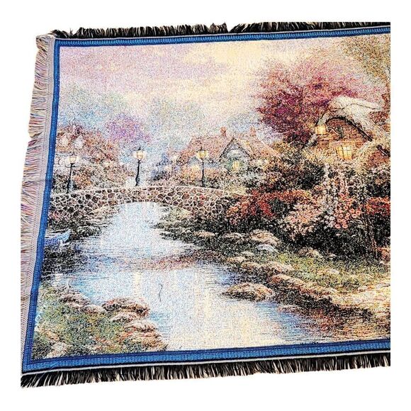 Thomas Kinkade Tapestry Throw Blanket Lamplight Bridge Painter of Light USA Made - Picture 3 of 8